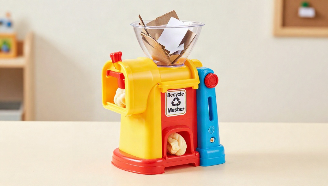 Illustration of the Recycle Masher Dough Machine, a rounded countertop device that feeds paper in one side and dispenses colorful dough from the other.